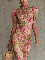 Vintage Rose Print Maxi Dress With Puff Sleeves£¨Accessories not included£©