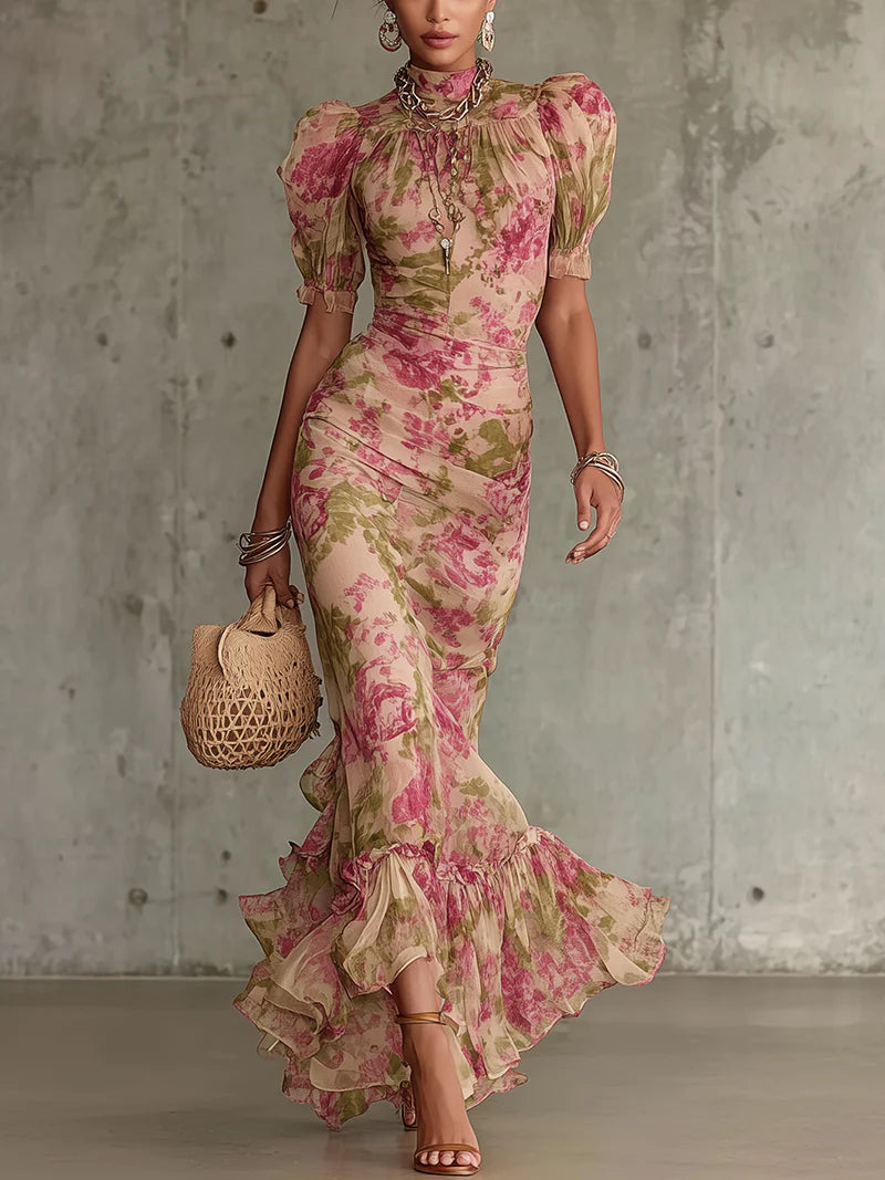 Vintage Rose Print Maxi Dress With Puff Sleeves£¨Accessories not included£©