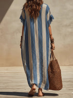 Blue Bohemian Striped V-neck Lace-trimmed Maxi Dress