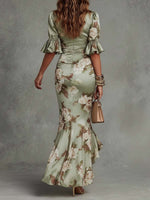 Green Floral Ruffled Bell Sleeve V-neck Satin Asymmetrical Maxi Dress
