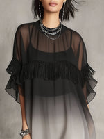 Black Ombre Sheer Fringe Detail Floaty Mini Dress