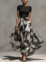 Black Chiffon Abstract Plaid Print Skirt And T-Shirt Set