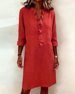 Ruffled V-Neck Solid Color Dress