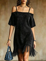 Off Shoulder Spaghetti Strap Suede Fringe Mini Dress