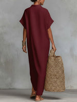 Women's Solid Color Collared Short-sleeved Casual Loose Linen Dress