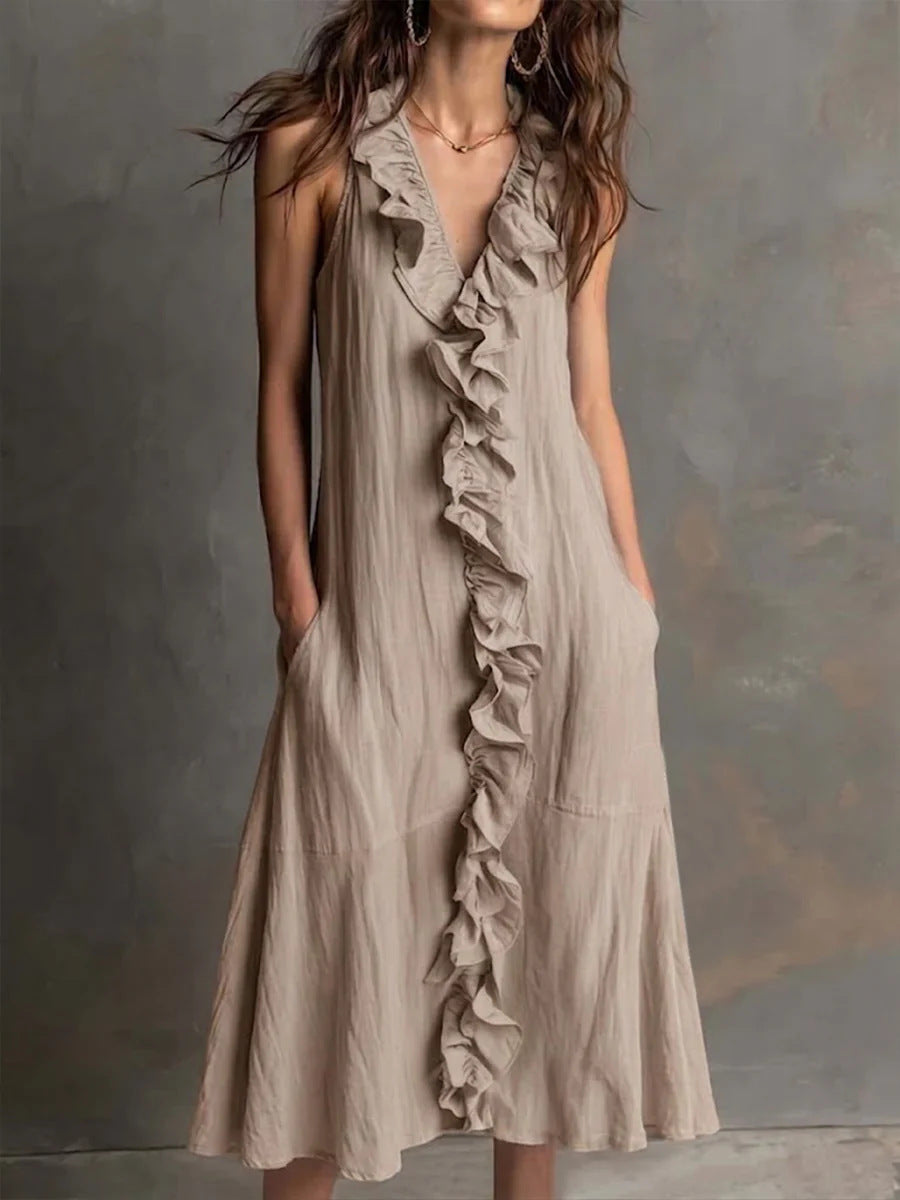 ?? Ruffle V-Neck Sleeveless Midi Dress