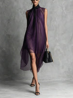 Sheer Mesh Sleeveless Tie Neck Asymmetrical Midi Dress