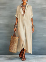 Loose Short Sleeves Buttoned Pockets Split-Joint Lapel Maxi Dresses