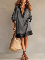 Striped Split-Joint Pockets Leopard Contrast Color Loose Half Sleeves V-neck Mini Dresses
