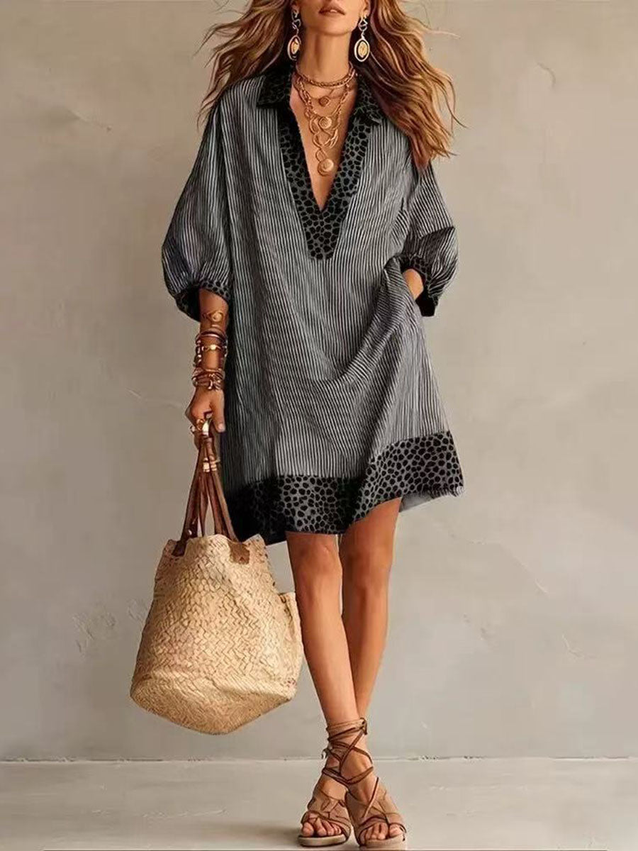 Striped Split-Joint Pockets Leopard Contrast Color Loose Half Sleeves V-neck Mini Dresses