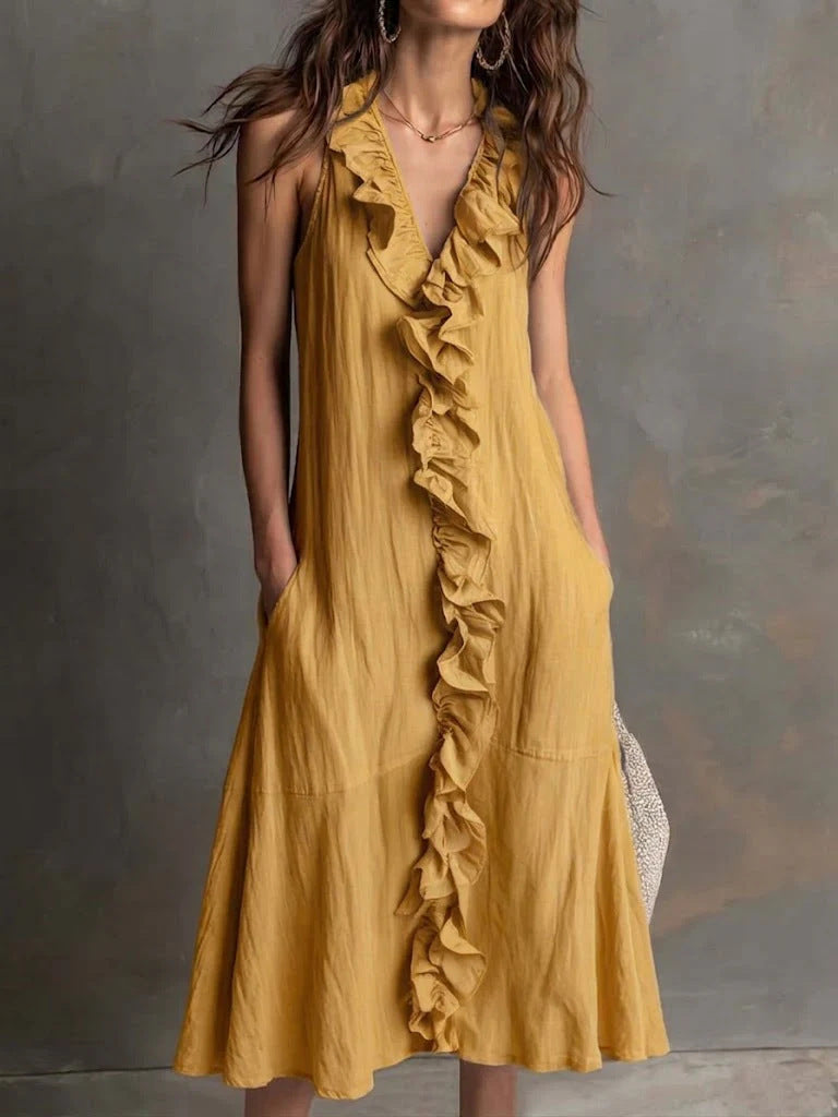 ?? Ruffle V-Neck Sleeveless Midi Dress