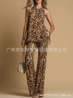Leopard Print Rhinestone Halter Tank & High Waist Wide Leg Pants 2 Piece Matching Set