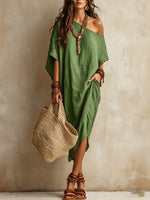 Slanted Shoulder Cotton And Linen Dress Women'S Loose Bat Sleeves Mid-Length Slit Holiday Dress