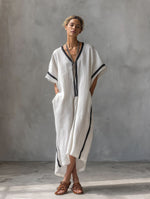 Linen Blend V-Neck Kaftan Dress