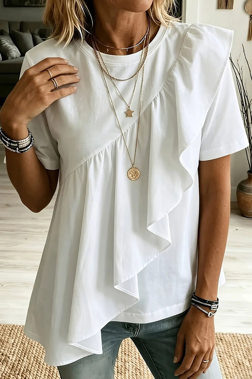 Plus Size Everyday White Asymmetric Ruffled Hem Loose Blouse