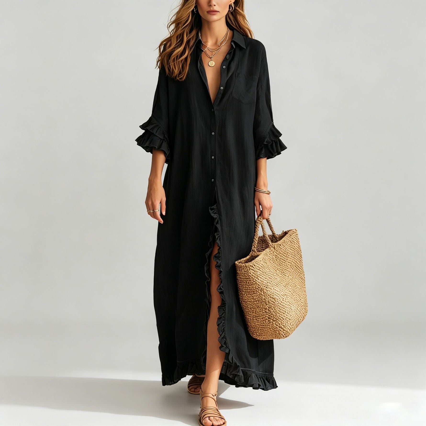Linen Ruffle Trim 3/4 Sleeve Shirt Maxi Dress