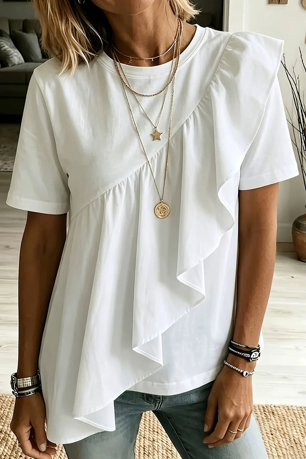 Plus Size Everyday White Asymmetric Ruffled Hem Loose Blouse