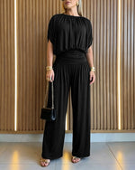 Women's Batwing Sleeve Jumpsuit High Waisted Ruched Wide Leg Overalls Elegant One Piece Outfit