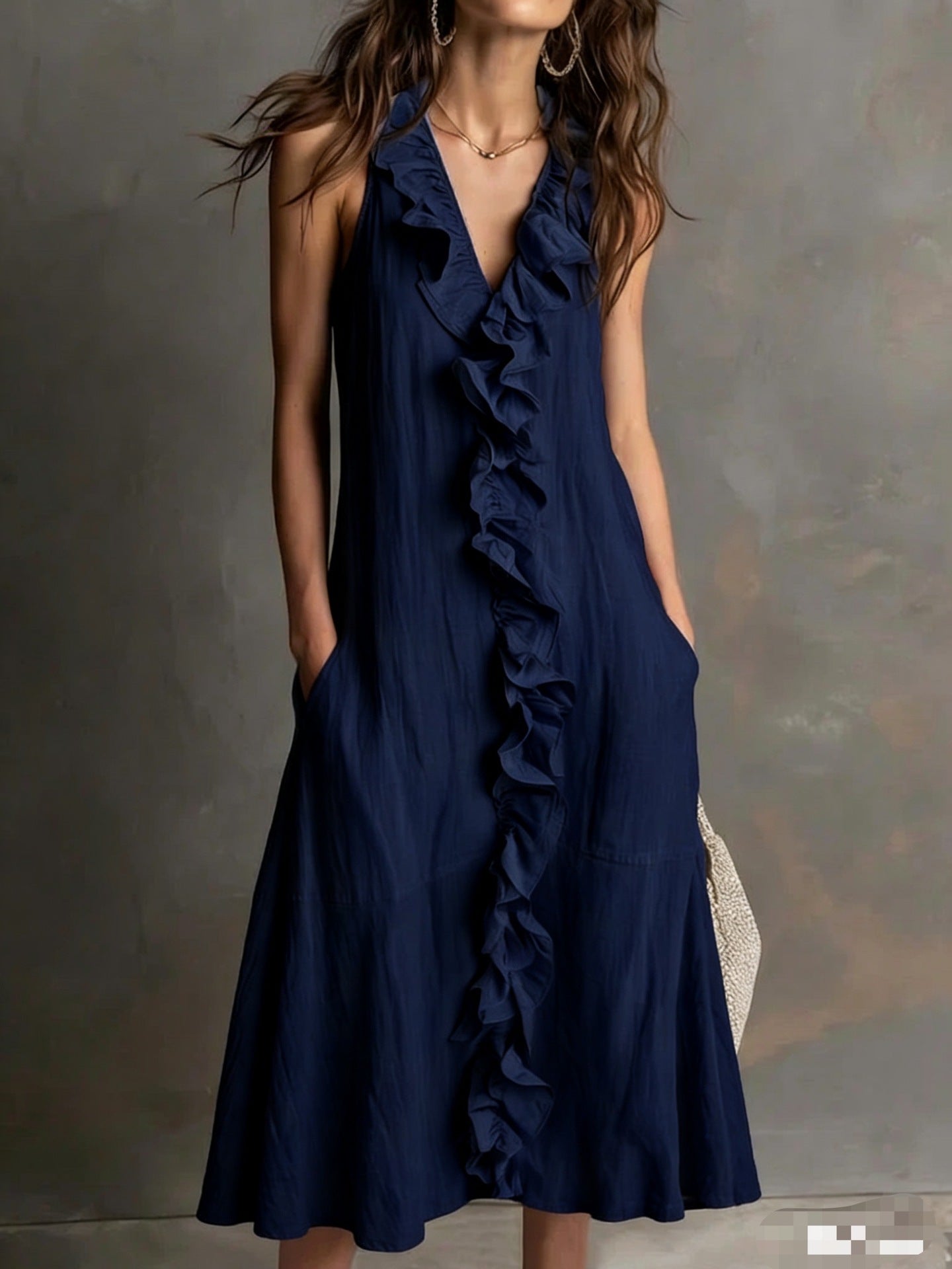 ?? Ruffle V-Neck Sleeveless Midi Dress