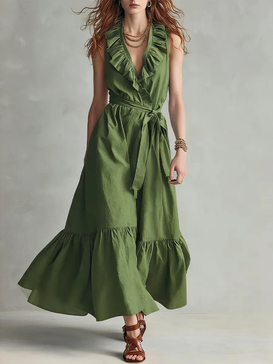 ?? Ruffled V-Neck Wrap Maxi Dress
