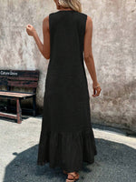 A-Line Loose Pleated Ruffle Trim Solid Color V-Neck Maxi Dresses