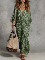 High Waisted Long Sleeves Knot Leopard V-Neck Maxi Dresses