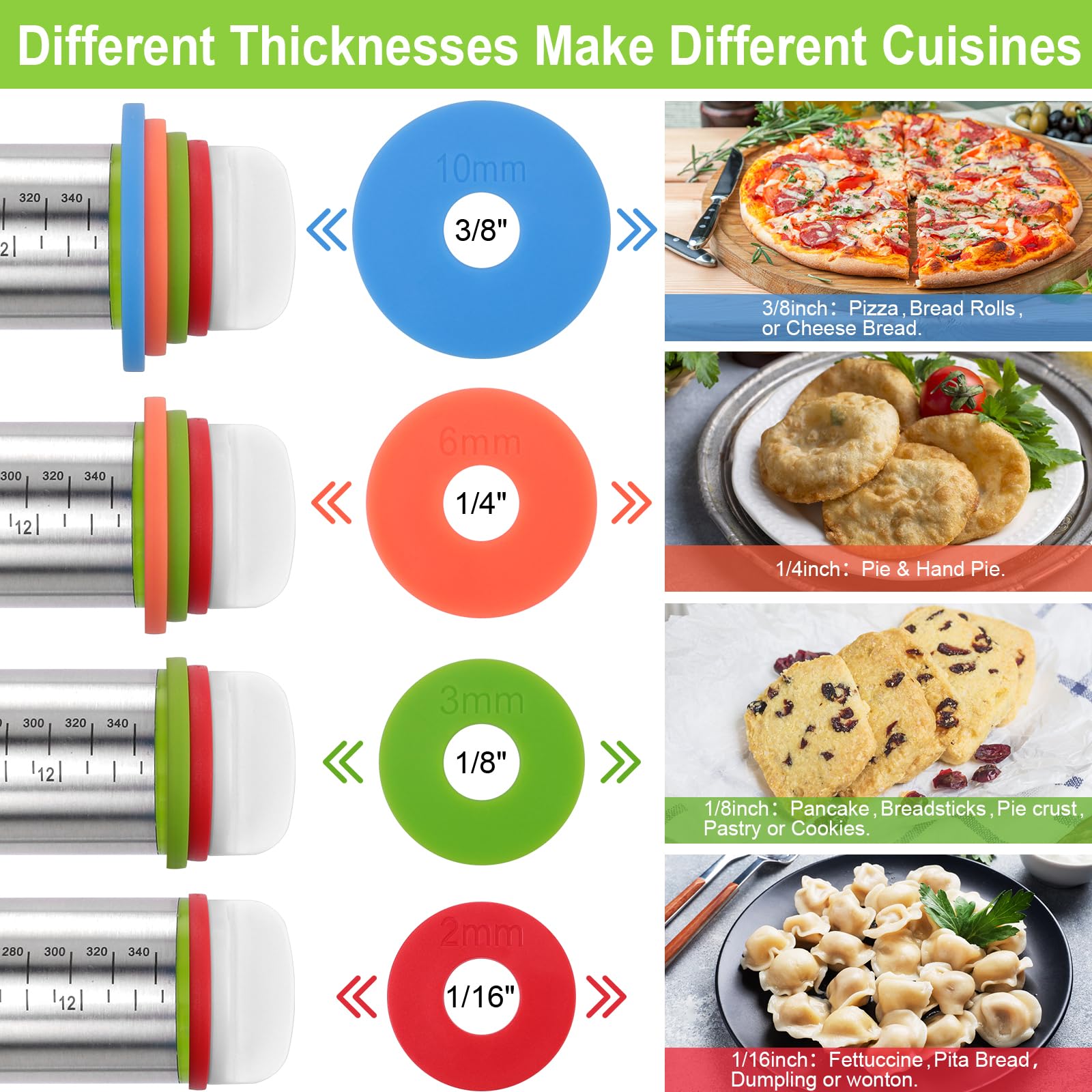 Dailyardtool® Adjustable Stainless Steel Rolling Pin with Thickness Rings
