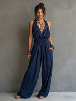 Halter Deep V Smocked Elastic Waist Wide Leg Palazzo Jumpsuit