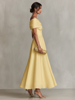 Yellow Linen Dress With One-Shoulder Neckline & Fitted Waist