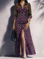 Leopard Print Mesh Sleeve Maxi Shirt Dress