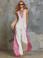 Chiffon V-neck Sleeveless Leopard Print Top And Pants Set
