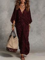 High Waisted Long Sleeves Knot Leopard V-Neck Maxi Dresses