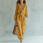 Ruffle V-Neck Long Sleeve Top & Tie Waist Wide Leg Pants Two Piece Set