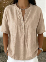 New Arrivals?? Women¡¯s Casual Henley Collar Linen And Cotton Short-sleeve Shirt