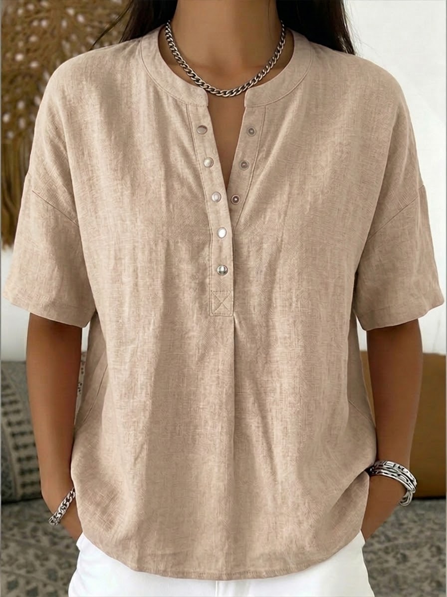 New Arrivals?? Women¡¯s Casual Henley Collar Linen And Cotton Short-sleeve Shirt