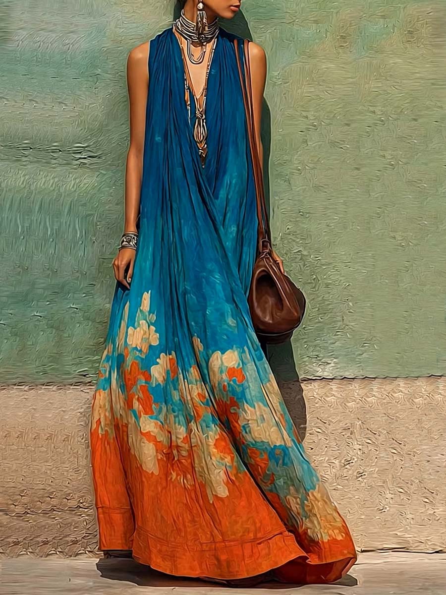 Women's Casual Loose Cotton-linen Dress ¡ª V-neck Sleeveless With Placement Print