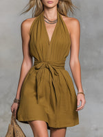 Halter Neck V-Neck Waist Tie Casual Holiday Women'S Dress