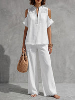 Fringed Cold Shoulder Half-Zip Solid Color Short Sleeve Blouses&Shirts Tops +  Pants Bottoms Trousers Two Pieces Set