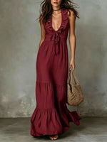 Loose Casual Deep V Ruffled Sleeveless Long Skirt Dress