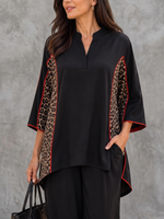 Split-side Split-Joint Leopard Contrast Color Three-quarter Sleeves Loose V-neck Blouses&shirts Tops