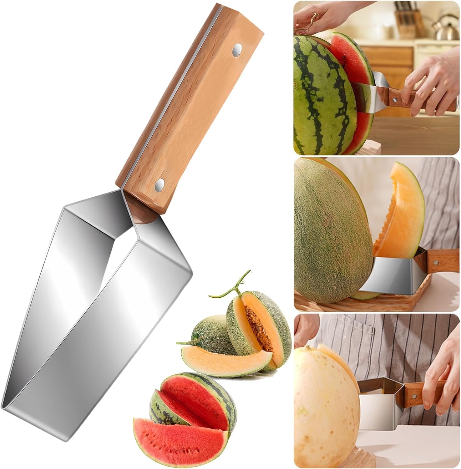 Dailyardtool®Triangle Watermelon Cutter, Stainless Steel with Wooden Handle - Melon Slicer, Fruit Cutter for Kitchen Gadgets