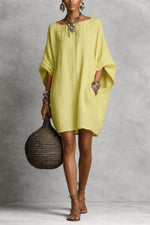 Women's Solid-color round-neck 3/4-sleeve Casual Loose Cotton-linen Dress