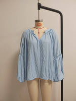 Split V-Neck Puff Long Sleeve Loose Textured Blouse