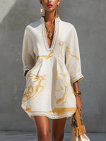 Loose Resort Style Cotton And Linen Short Dress With Straps