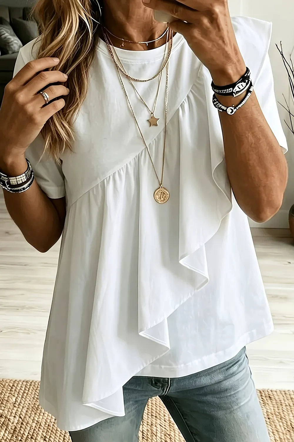 Plus Size Everyday White Asymmetric Ruffled Hem Loose Blouse