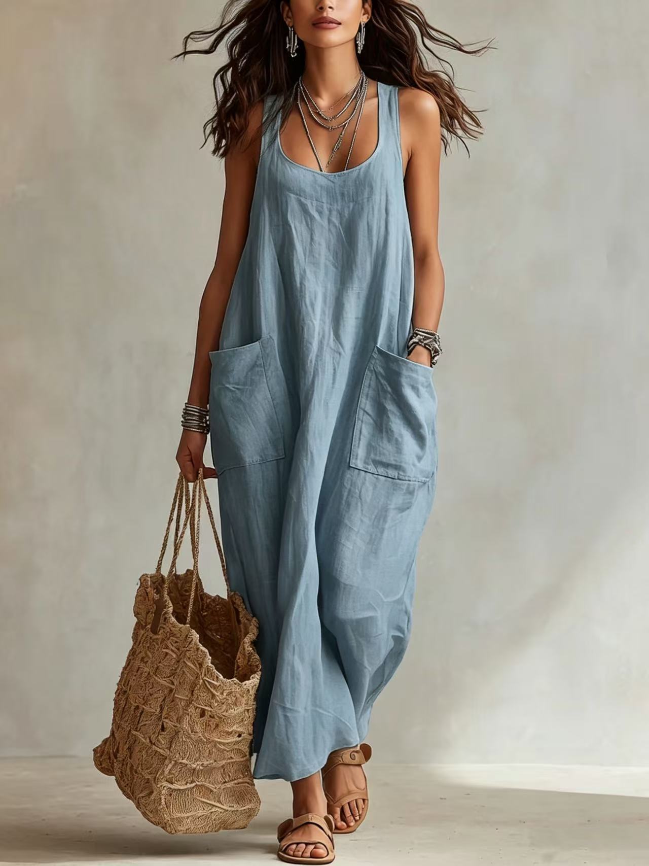 U-Neck Sleeveless Loose Pocket Maxi Dress, Casual Flowy Long Dress