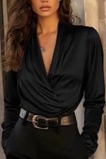 Women's Satin Draped V Neck Wrap Long Sleeve Blouse