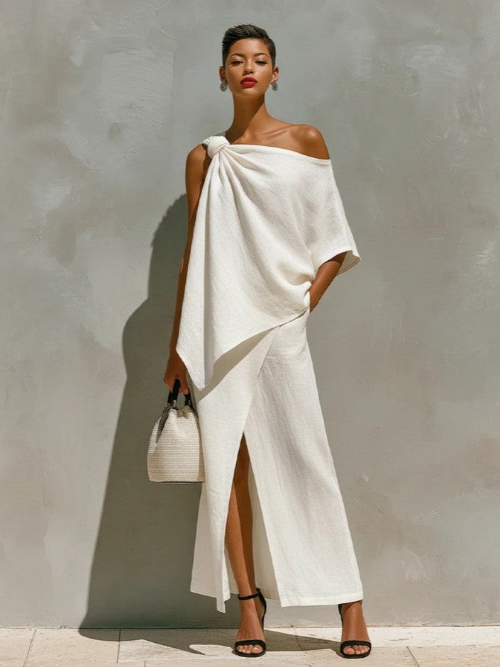 Asymmetric Knot Linen Two-Piece White Set