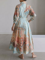 Printed Pockets Contrast Color Buttoned Three-quarter Sleeves High Waisted Lapel Shirt Dress Maxi Dresses