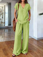 Linen V Neck Cap Sleeve Top & Elastic Waist Wide Leg Pants 2 Piece Co-Ord Set